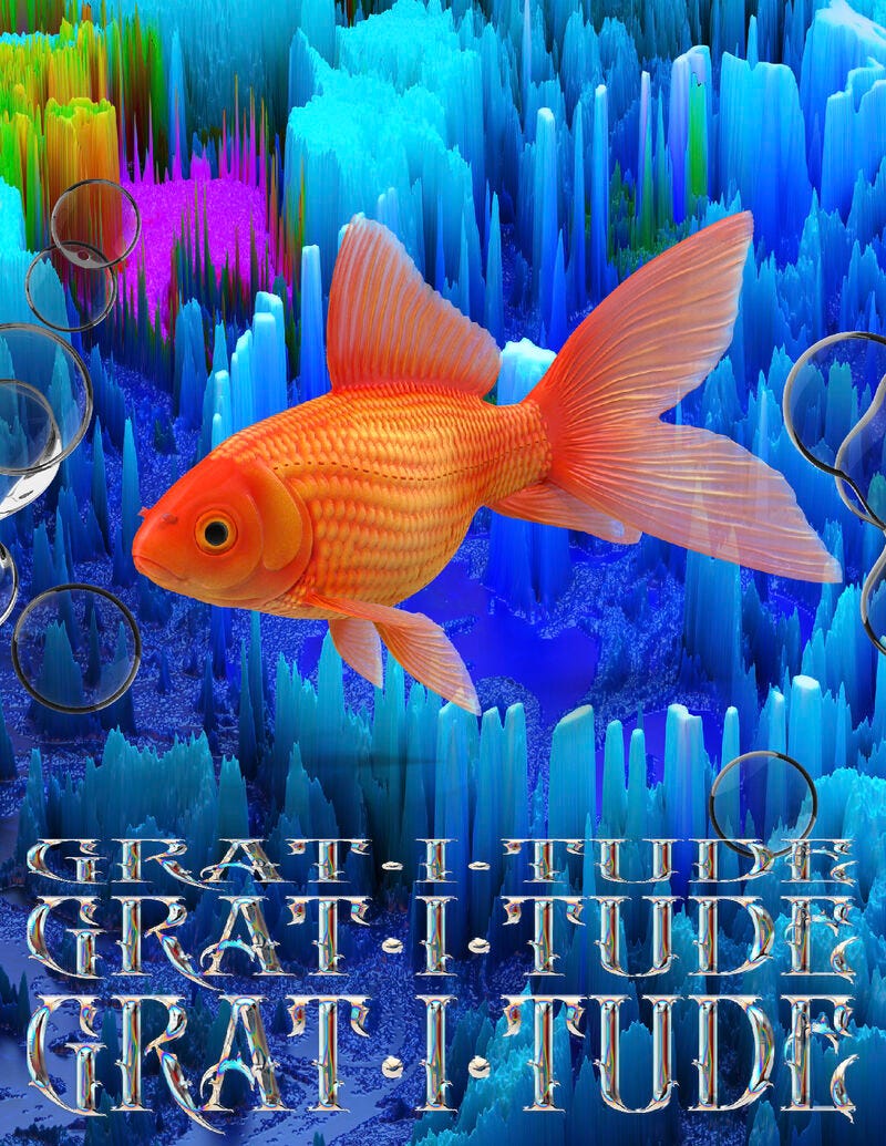 A goldfish in front of an abstract blue background with "Gratitude" written 3 times undernear the fish.