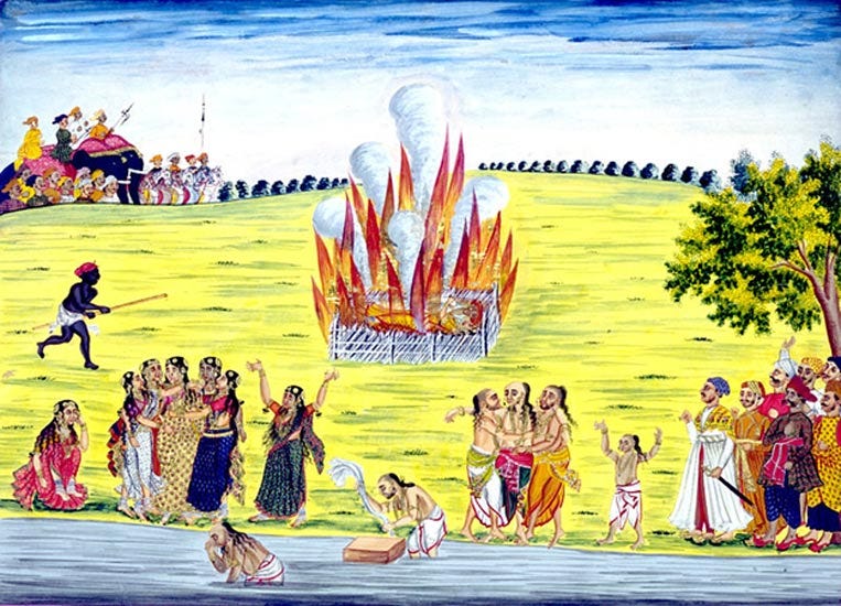 Los cuadros realizados por artistas indios para los británicos en la India se denominan pinturas de la compañía. Éste representa la práctica de inmolación o quema de viudas. La palabra en sánscrito significa "buena mujer" o "verdadera esposa". Se aplicó a la viuda hindú que hace el sacrificio supremo siguiendo a su marido a la pira funeraria. (Dominio publico)