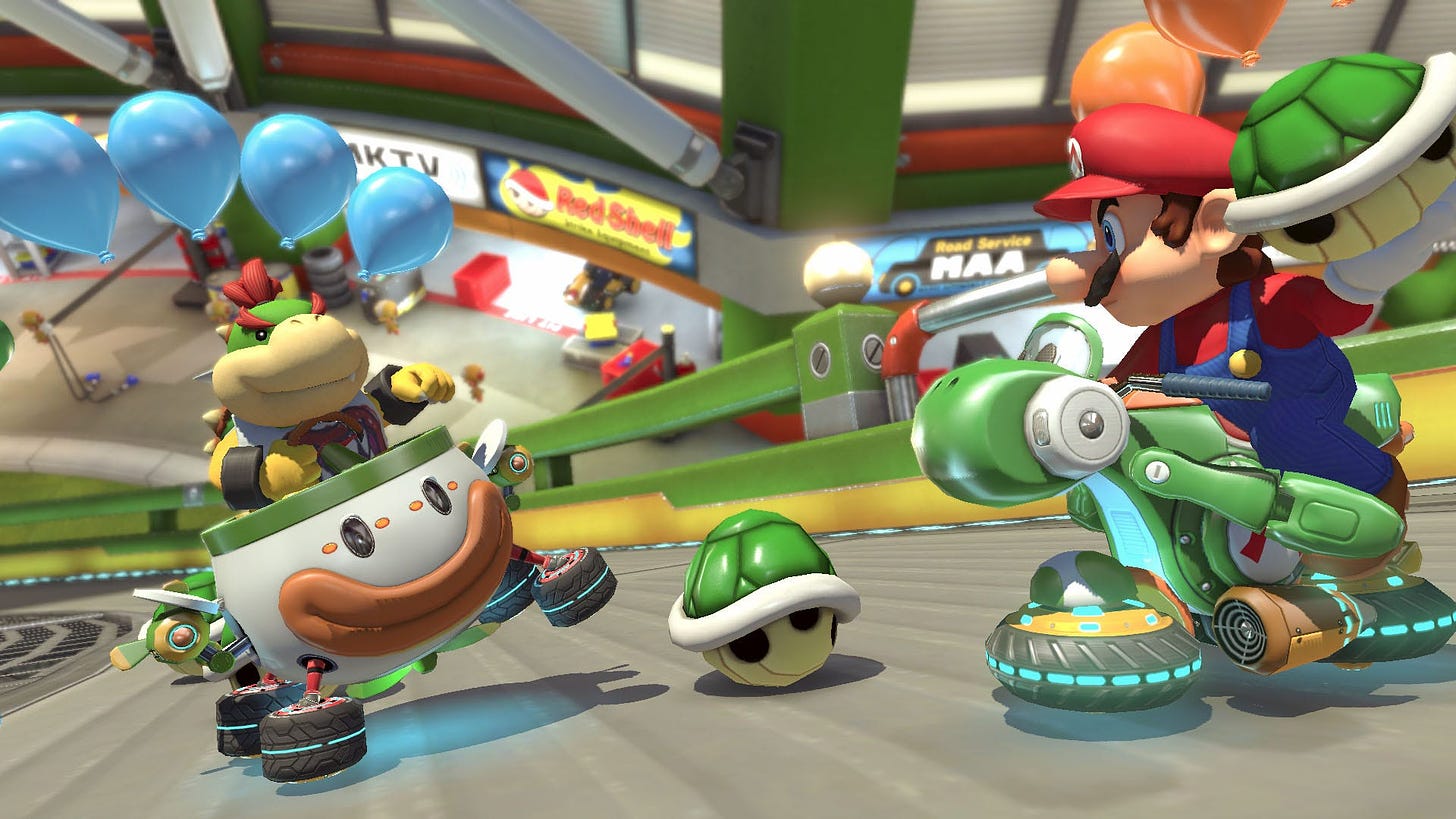 Two racers throwing shells at each other in Mario Kart 8