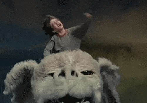 a boy with brown hair sits on a furry creature riding through the sky in a gif from the Neverending Story