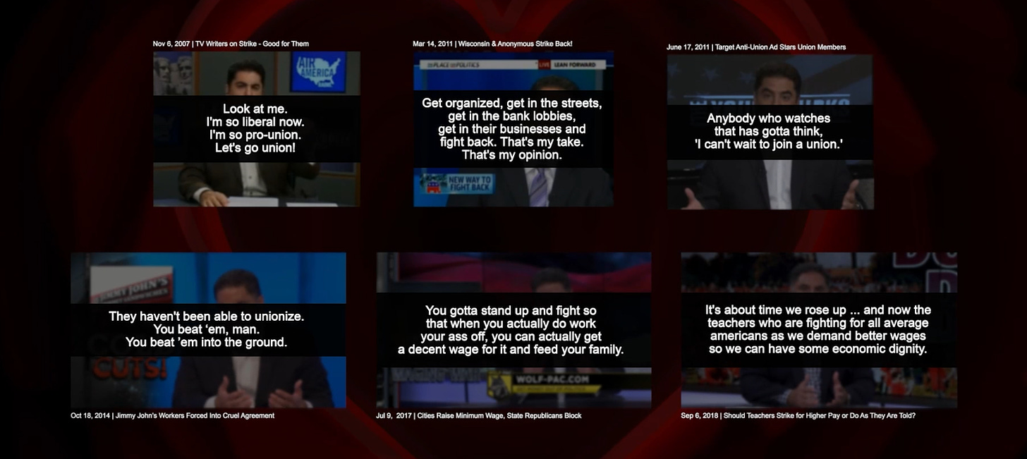 six screenshots in two rows of Cenk Uygur of The Young Turks making statements supporting worker rights