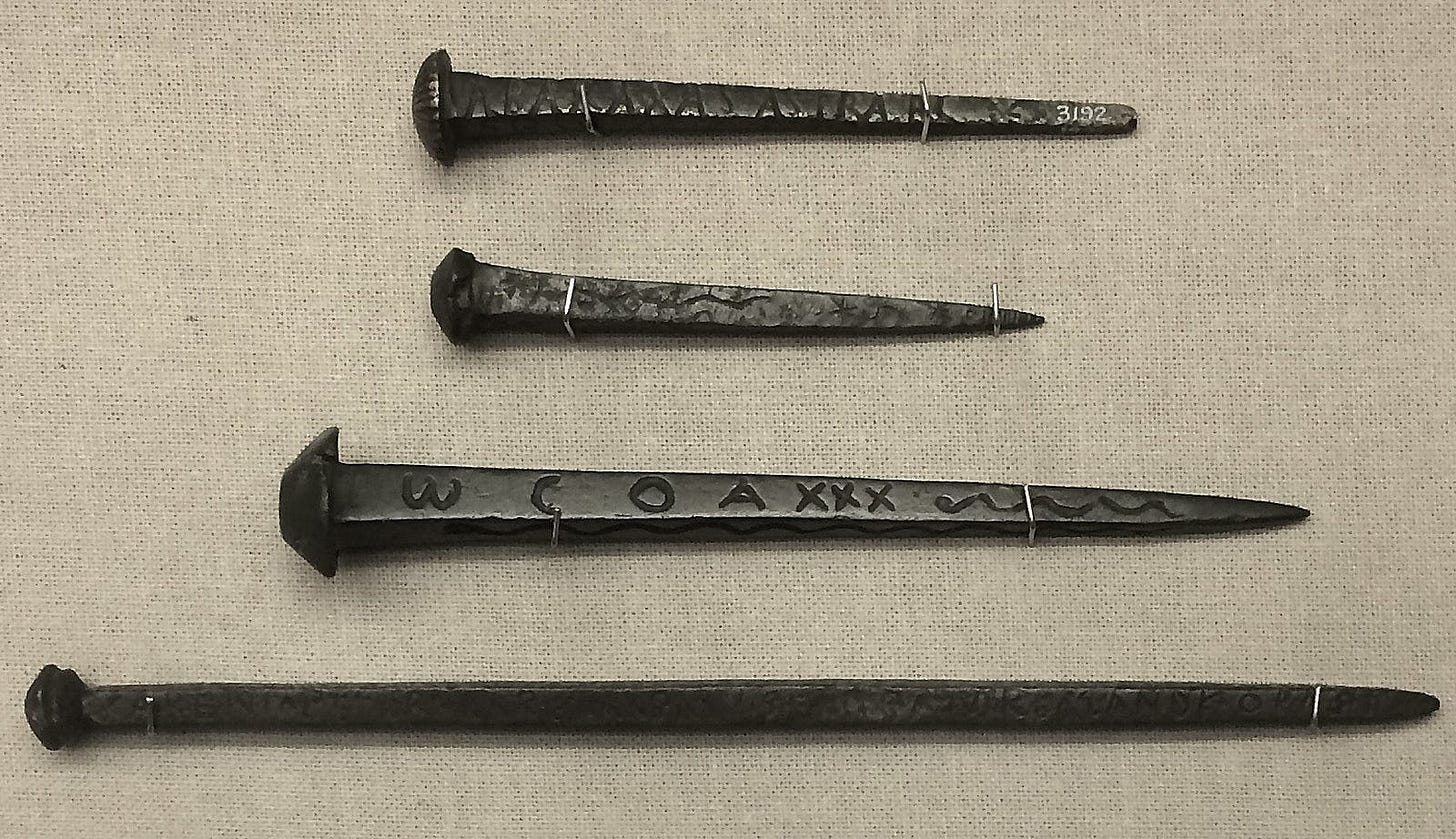Various Roman nails dating from the 3rd-4th centuries AD