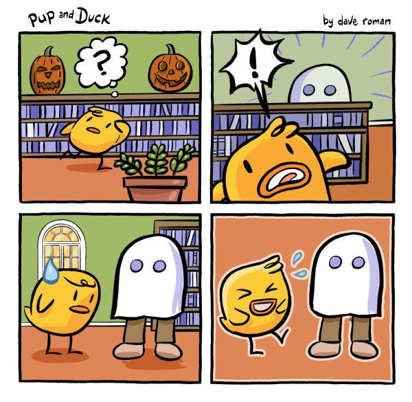 Duck is running through a library, confused. He is surprised when a ghost pops out from behind a shelf. He looks frustrated, but then laughs when he realizes that it’s just someone wearing a sheet.