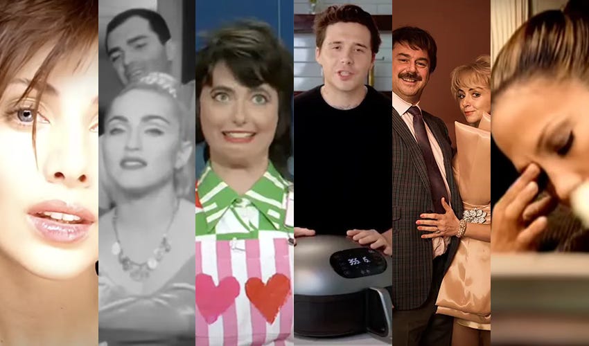 A collage of images representing major cultural new stories in 2024.  From left to right, Natalie Imbruglia in the Torn video, Madonna and her brother Christopher in the film Truth or Dare, Sarah Sherman from the TV show SNL, Brooklyn Beckham posing with an air fryer, characters from the TV show Rivals, and Jennifer Lopez holding her head in her hands