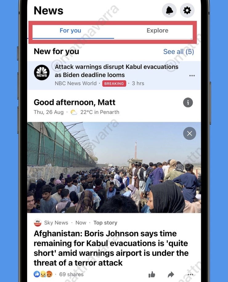 Así como ya funciona en Facebook Watch, la aplicación comienza a procesar noticias en torno a interesas con sección para ti. 