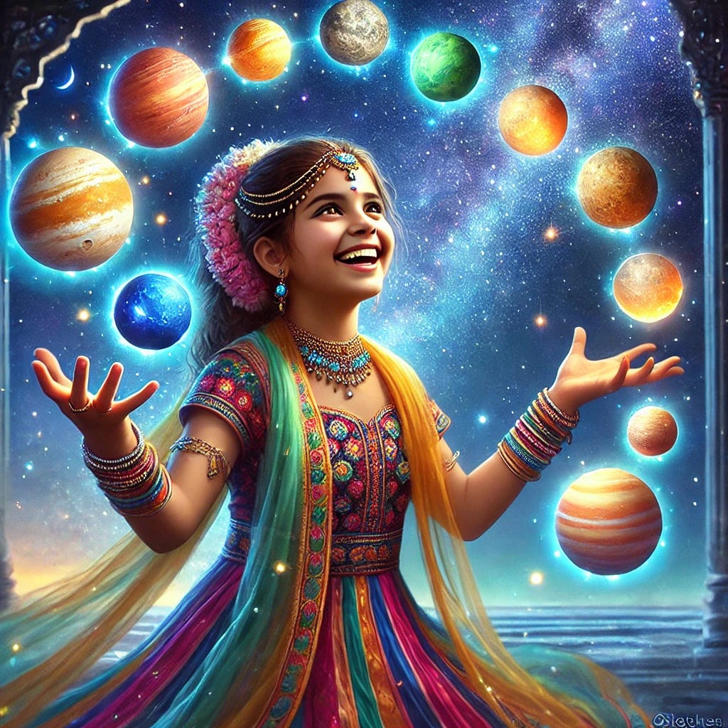 The image is a representative image showing a little Indian girl surrounded by the planets and nakshatras. The girl is excited and happy dressed in traditional Indian attire. The image is part of an article titled “Are You Born Under a 'Weak' Nakshatra? Think Again!” authored by Anish Prasad and published at astrojagriti.substack.com