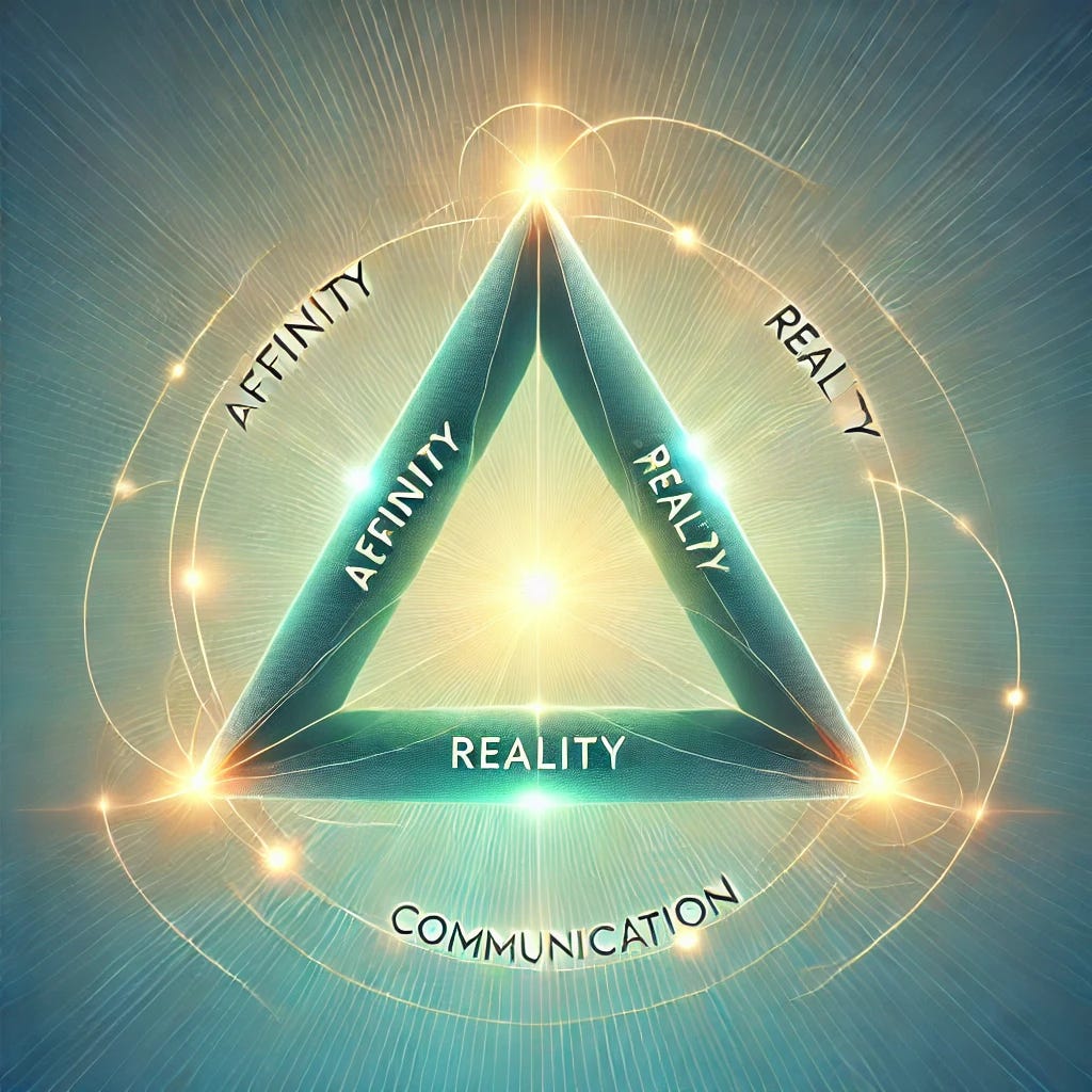 An artistic representation of the ARC Triangle from Scientology. The triangle is made of three interlocking parts, with 'Affinity,' 'Reality,' and 'Communication' labeled on each side. The background is a gradient of blue and green hues, with soft light emanating from the center of the triangle. The design is modern and sleek, with a sense of harmony and balance. There are subtle, glowing lines connecting the points of the triangle to emphasize their interdependence.