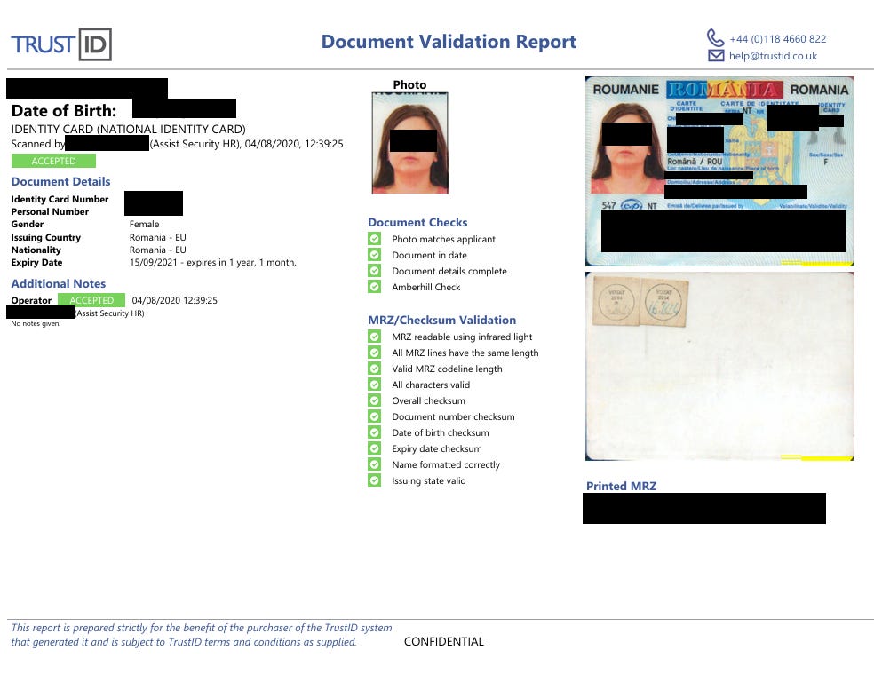 Redacted CONFIDENTIAL TrustID document validation report showing the document sent passed validaton.