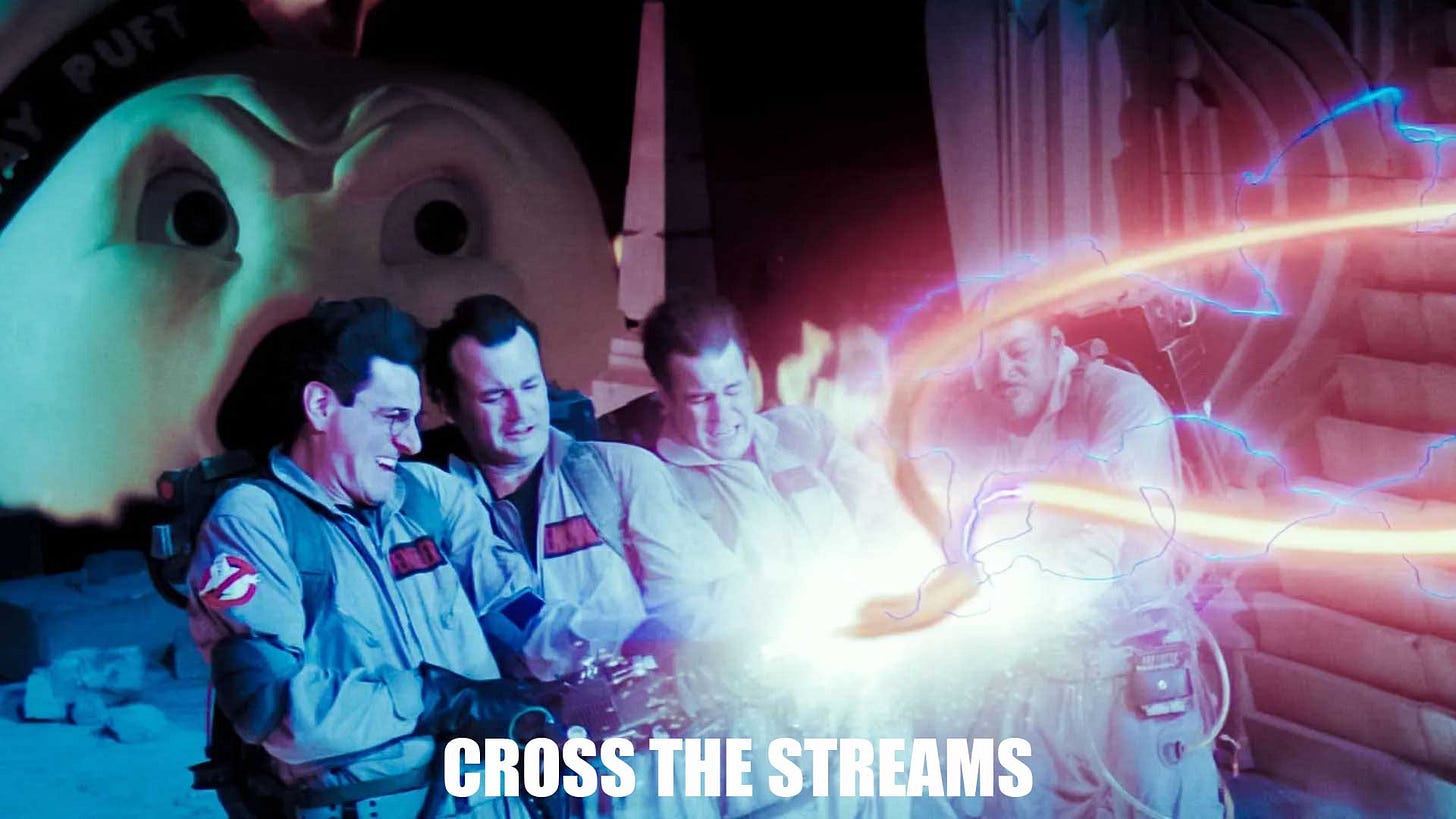 Meme with the four movie Ghostbusters crossing the streams