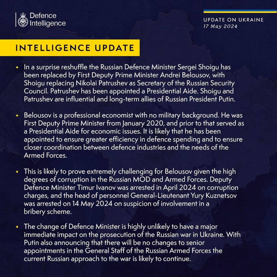 In a surprise reshuffle the Russian Defence Minister Sergei Shoigu has been replaced by First Deputy Prime Minister Andrei Belousov, with Shoigu replacing Nikolai Patrushev as Secretary of the Russian Security Council. Patrushev has been appointed a Presidential Aide. Shoigu and Patrushev are influential and long-term allies of Russian President Putin.
 
Belousov is a professional economist with no military background. He was First Deputy Prime Minister from January 2020, and prior to that served as a Presidential Aide for economic issues. It is likely that he has been appointed to ensure greater efficiency in defence spending and to ensure closer coordination between defence industries and the needs of the Armed Forces.