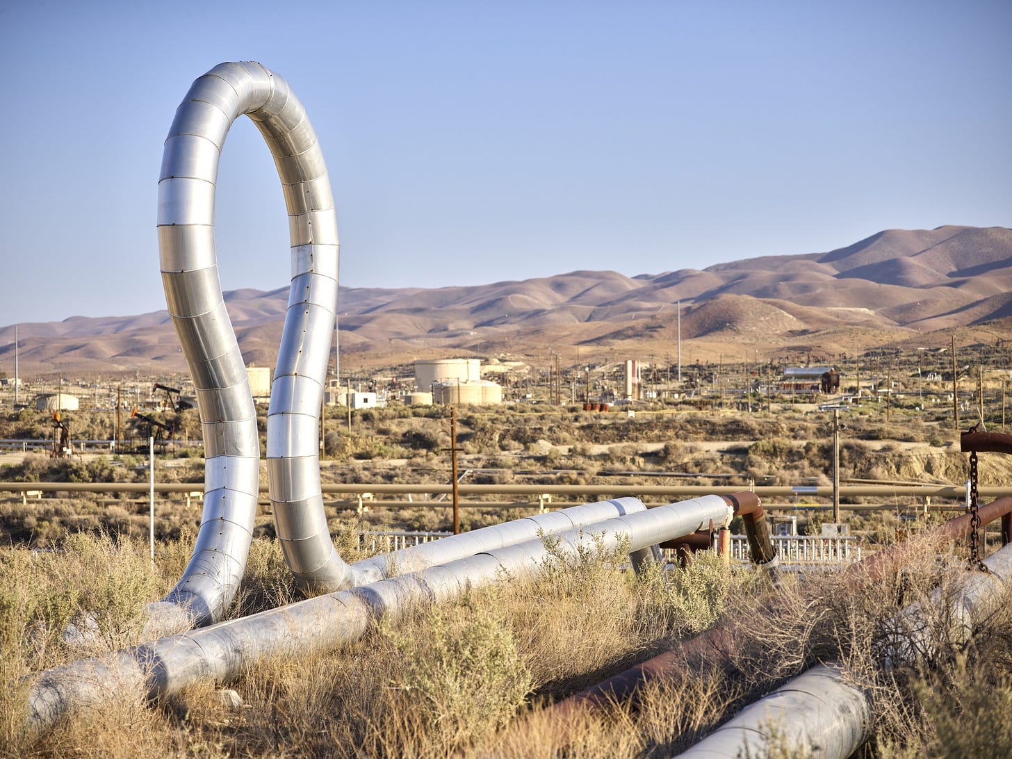 Pipelines at the Midway-Sunset oil field near Derby Acres, California.