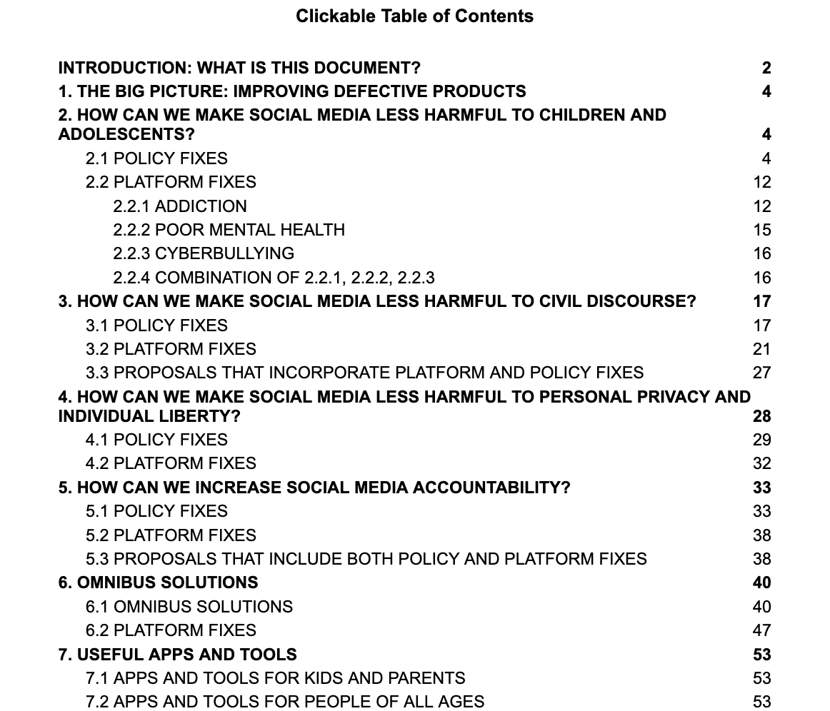 Table of Contents for Social Media Reform Google Doc
