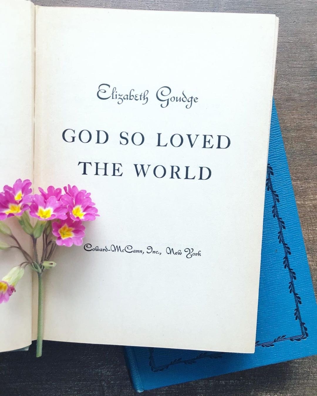 God So Loved the World by Elizabeth Goudge with a primrose from my garden.