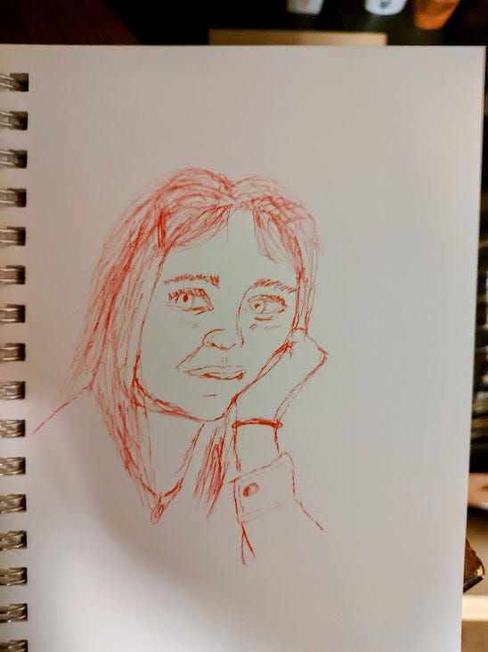 A sketch of a young woman. Her head is resting on her hand.