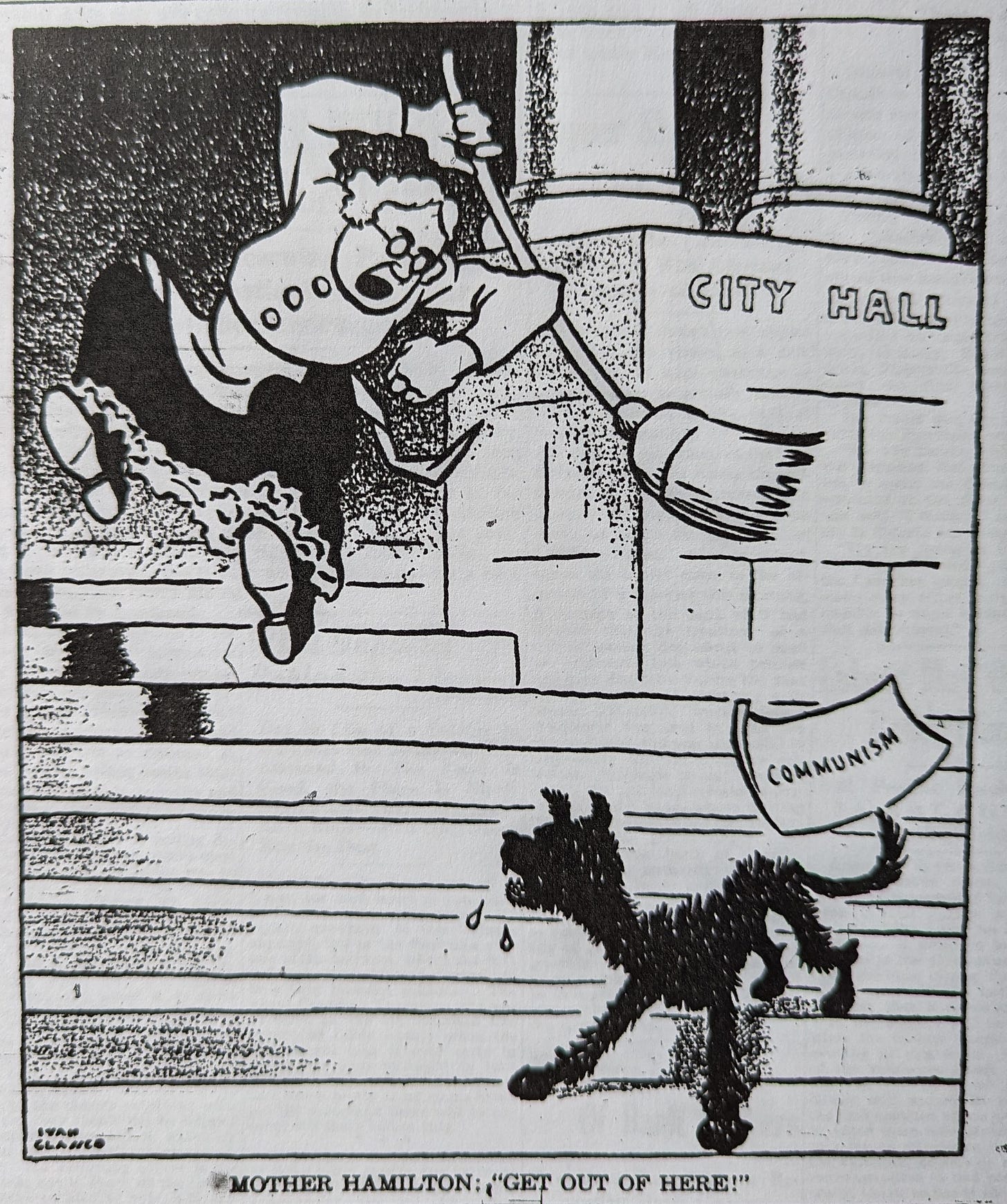An editorial cartoon from the Hamilton Spectator in 1939 portraying "Mother Hamilton" - an old woman with a broom - on the steps of City Hall, attempting to chase away a dog labeled "communism".
