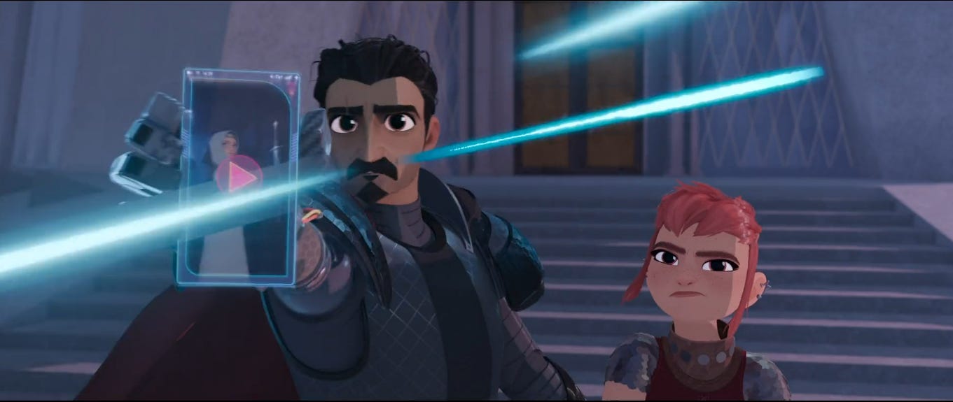 Screenshot showing Ballister and Nimona; Ballister is extending his arm, showing the phone with the video of the Director on it, as shots fire at him.