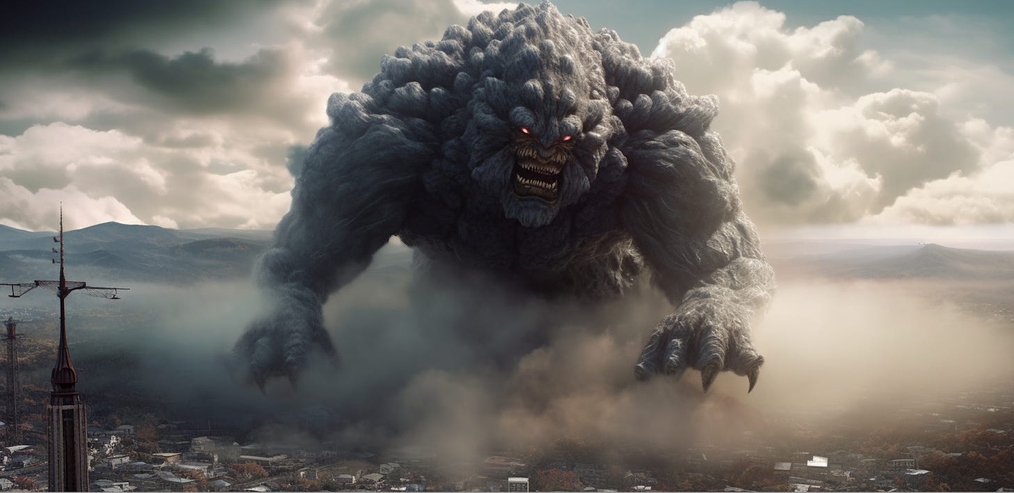 Create a photorealistic image of a massive, cloud-like monster hovering menacingly over a range of high mountains, with the shot taken from above to emphasize the enormous size of the creature. The monster should be composed of a mix of industrial parts, such as smokestacks, pipelines, and other machinery, with jagged edges and sharp angles that contrast with the natural curves of the mountains below. The industrial parts should emit clouds of greenhouse gases, representing the devastating impact of industrial pollution on the environment. The monster should be depicted as a dark, ominous presence, with its shape constantly shifting and morphing. The clouds of greenhouse gases should be prominent and thick, filling the frame and obscuring the surrounding landscape.  The overall effect should be one of foreboding and danger, emphasizing the urgent need to address climate change and its devastating impact on the natural world. The image should be shot from a height of 1000 meters, with a wide-angle lens to capture the full scope of the monster and its impact on the environment. The colors should be dark and somber, with the harsh lines of the industrial parts contrasting with the natural curves and colors of the mountains. The image should be composed to create a sense of depth, with the monster appearing to rise up from the surrounding landscape and dominate the frame. The monster should be at least 100 times the size of the mountains below, emphasizing the enormity of the threat posed by industrial pollution and the urgent need for action to address climate change.  The surrounding landscape should be relatively barren and untouched by human activity, emphasizing the pristine beauty of the natural world that is threatened by industrial pollution. The image should be photorealistic, with the industrial parts and greenhouse gases looking like they belong in the real world. The overall effect should be one of awe and terror, with the viewer feeling both the scale of the monster and the importance of taking action to prevent the destruction it represents. Shot on a Hasselblad medium format camera. Carl Zeiss Distagon t* 15 mm f/2.8 ze, Ricoh r1. --ar 21:9 --q 2 --v 5.1 --style raw -
