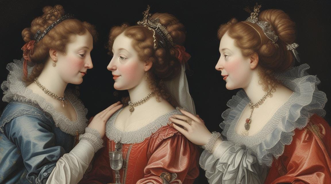 Three 17th-century ladies whispering to each other