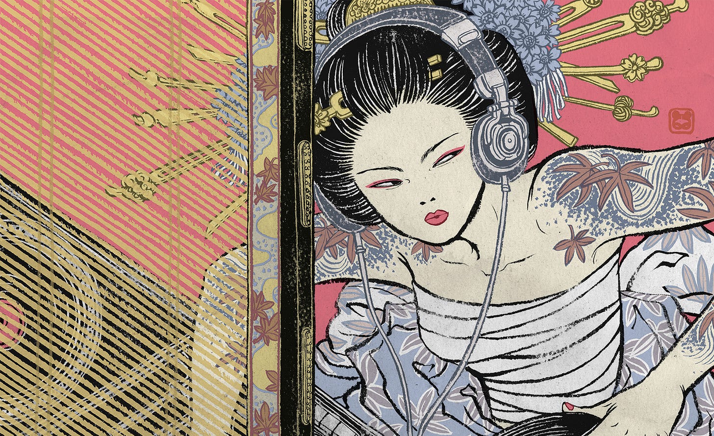 Yuko Shimzu art featuring a girl with tattoos and headphones. Lots of cool textures and detail.