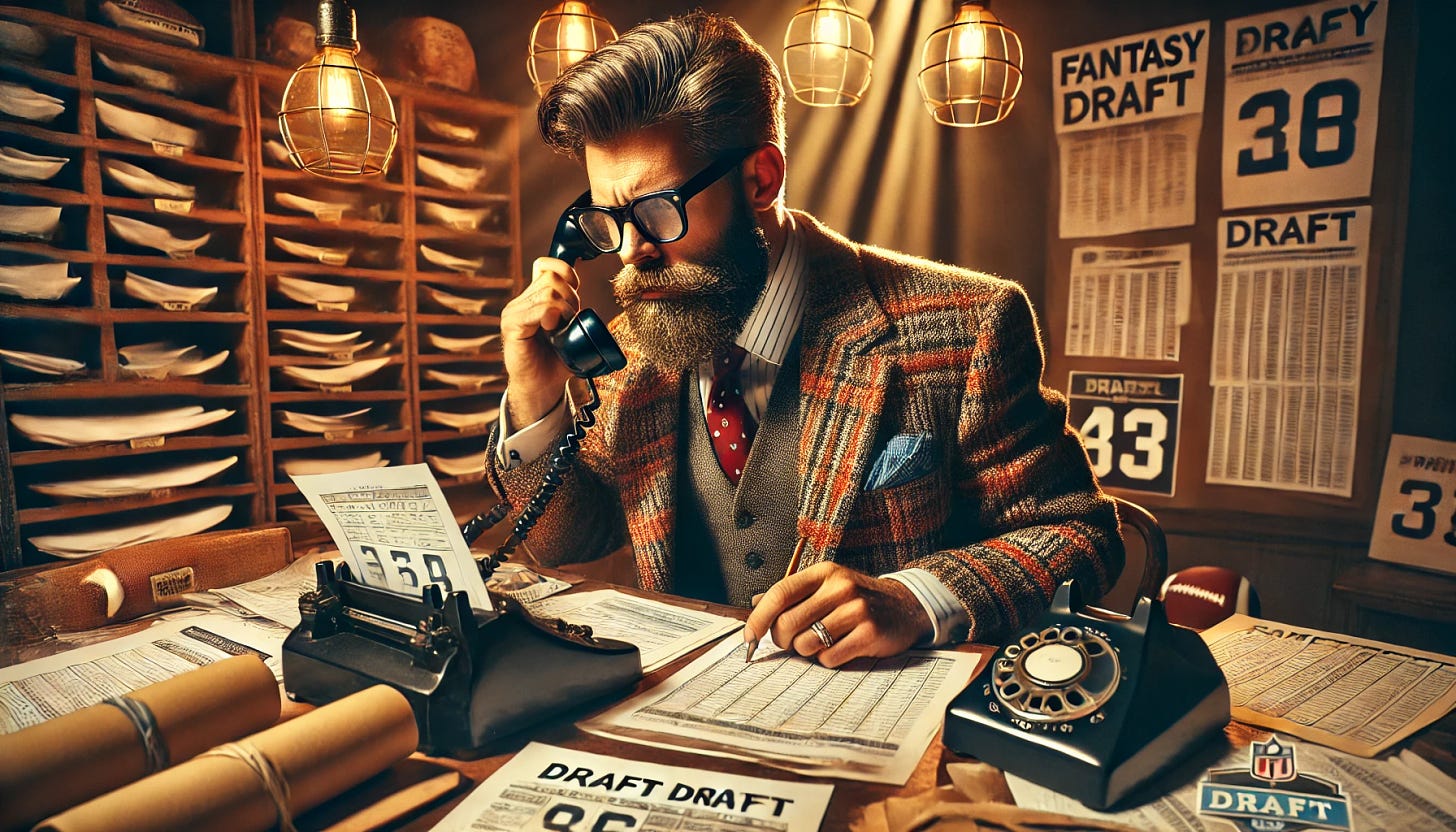 A middle-aged man with a full beard and stylish hair, wearing glasses and a classic tweed sports coat, is in a vintage-style fantasy football draft room. The room is hectic and filled with paper draft cheat sheets, notebooks, and analog rotary phones. Papers are scattered everywhere, phones are ringing off the hook, and the man is furiously making notes and flipping through sheets. His expression is intense and stressed as he juggles multiple tasks. The lighting is warm but chaotic, adding to the frenzied atmosphere of the scene.