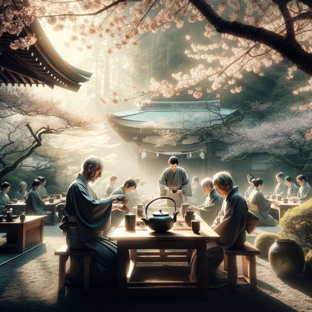 A serene and tranquil scene capturing the essence of a Japanese tea ceremony, with participants deeply engaged in the mindful and deliberate actions of the ceremony, surrounded by the beauty of a traditional Japanese garden. The atmosphere is suffused with a sense of fleeting moments, emphasizing the uniqueness and preciousness of the gathering. Soft sunlight filters through cherry blossom branches, casting gentle shadows and highlighting the intricate details of the tea utensils and the elegant movements of the tea master. The image evokes a profound appreciation for the once-in-a-lifetime experience of this peaceful assembly, embodying the sentiment that every moment is unique and irreplaceable.
