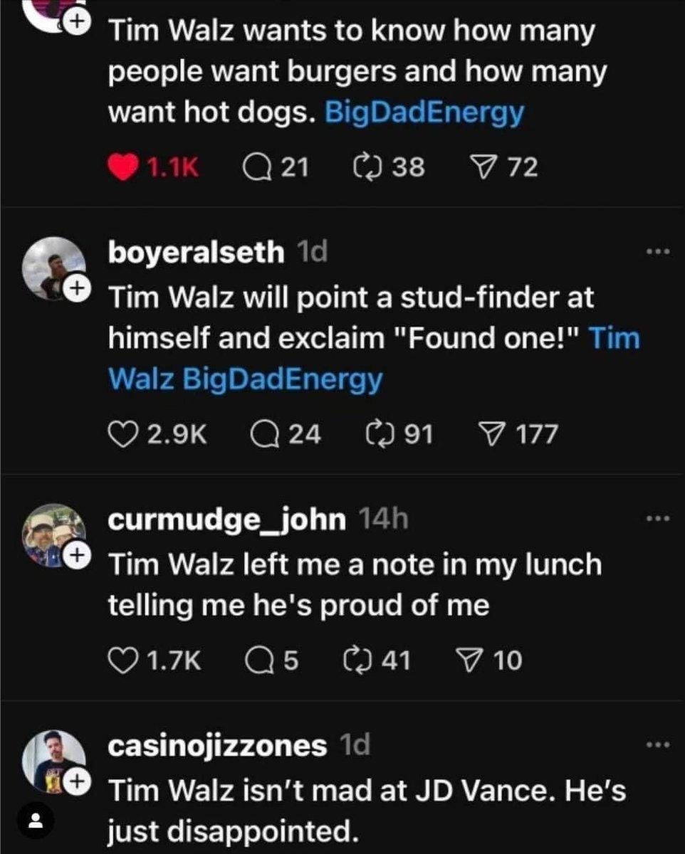 Social media posts about Tim Walz's "Big Dady Energy" 