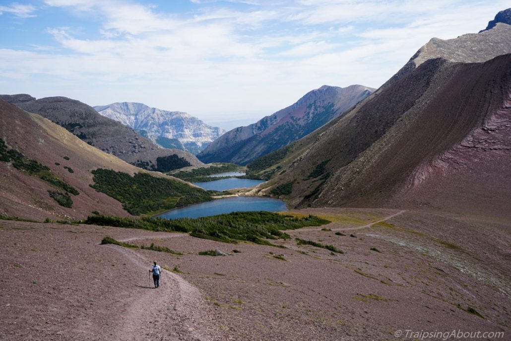 Not all biking - the Rockies have some awesome hikes too! Here's Chelsea heading down toward Waterton on the Carthew-Alderson.