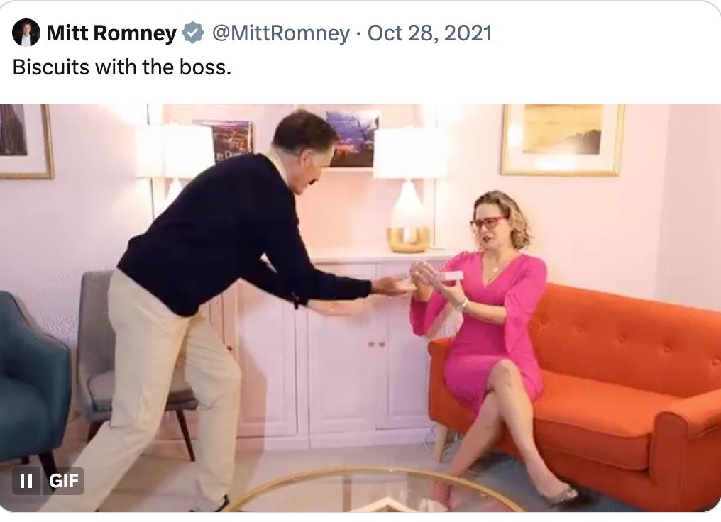 Mitt Romney tweet shows him handing cookies to seated Sinema: "biscuits with the boss."