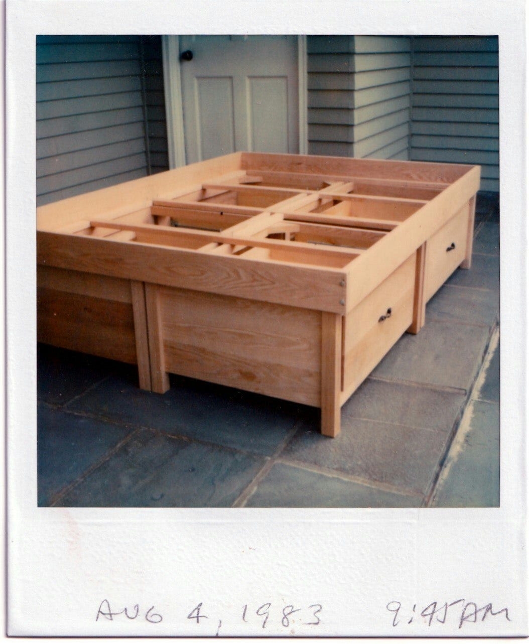 The four-drawer oak bed frame in 1983