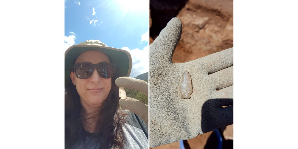 Another collage. On the left is a picture of me wearing a wide-brimmed hat and sunglasses while holding an arrowhead between my fingers. The sun shines brilliantly in the top right corner of the picture and through the translucent arrowhead. On the right is a close up image of the ancient arrowhead in my gloved hand. The arrowhead is made of a clearish white quartz and is mostly intact though it shows some wear.