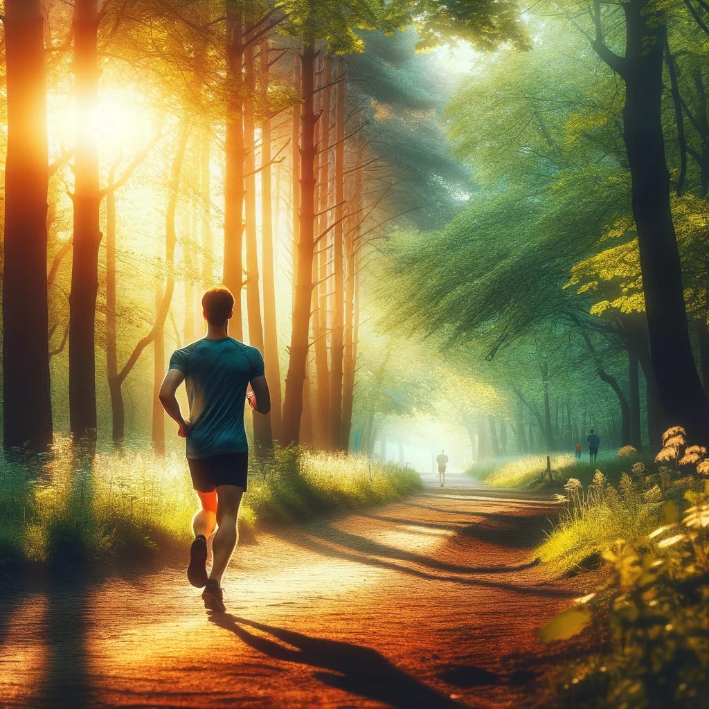 An inspiring image of a person running slowly in a serene natural environment, showcasing the beauty and calmness of slow running. The setting is a peaceful forest trail with sunlight filtering through the trees, creating a tranquil atmosphere. The runner is in comfortable gear, embodying the essence of enjoying the run rather than rushing, illustrating the concept of 'slow running for health and performance'. This image captures the balance between physical activity and mental peace, emphasizing the importance of slow running for both health and endurance. The image is vibrant and full of life, yet calming and serene, appealing to runners and fitness enthusiasts.