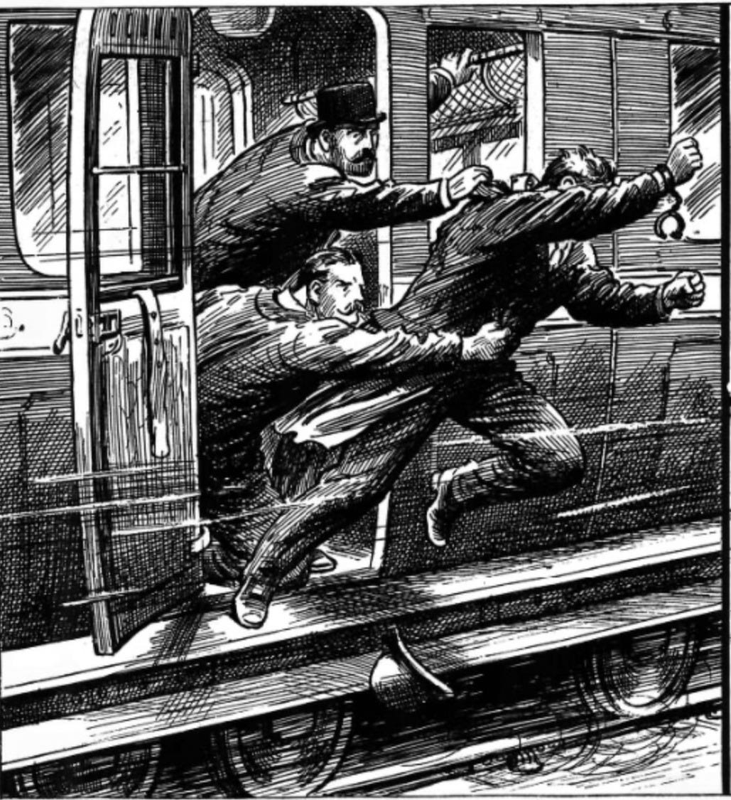 This is a newspaper drawing giving a dramatic reconstruction of a prisoner’s attempt to escape a moving train. It shows a railway carriage with the door swinging open. A man is launching himself from the door, held back by two other men, who both have Edwardian-style moustaches. One is wearing a hat and grabbing the prisoner’s collar. The escapee has his arm in front of his face and handcuffs are dangling from his outstretched wrist.