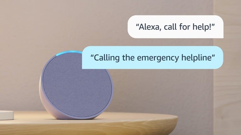 purple echo speaker with a message that says alexa call for help! the response message says calling the emergency helpline