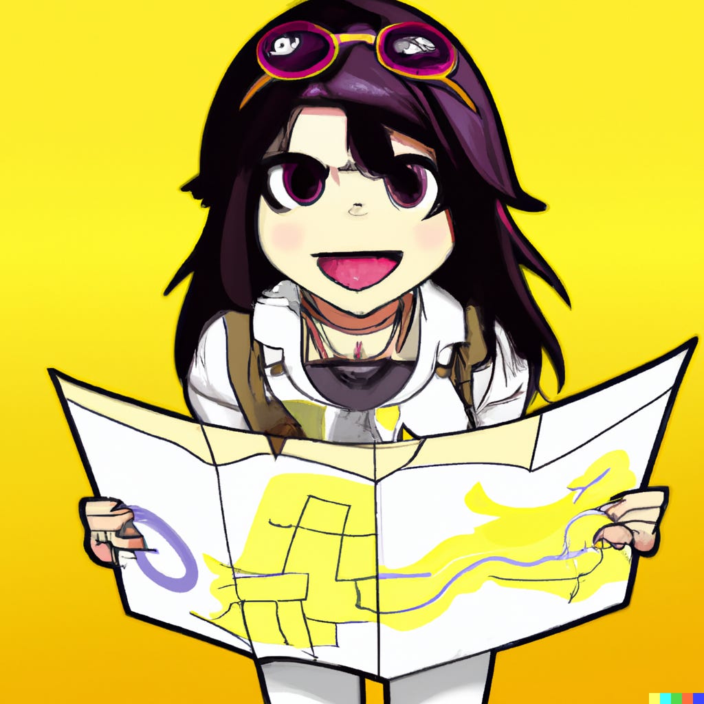 Manga image of an asian lady smiling while holding a map