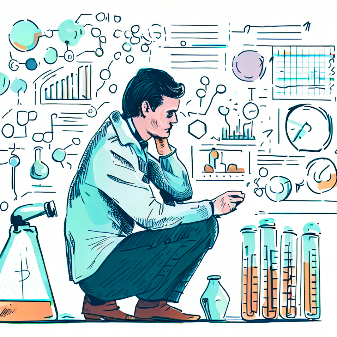 A researcher in a thinking pose, surrounded by a range of devices, diagrams, and charts.