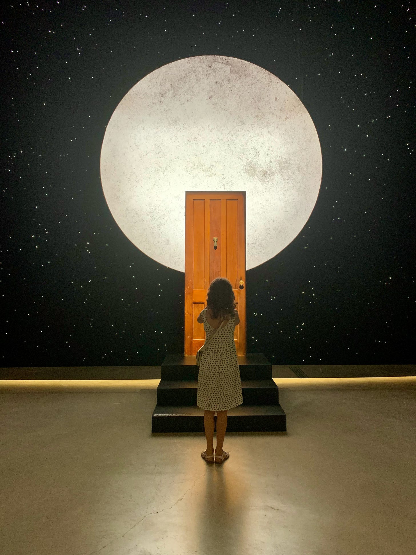 A girl stands in front of a brown door, behind the door is an image of a moon, behind the moon is a starry sky.