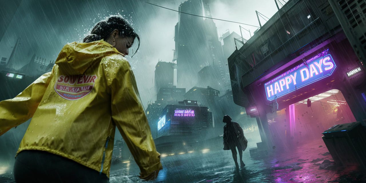 a wide-angle panoramic shot of the slight figure of a young woman wearing a bright yellow waterproof souwester jacket walks through a torrential downpour in a gloomy futuristic cyberpunk city. in the distance a sign on top of a building reads "HAPPY DAYS" in pink and blue neon, barely visible through the haze and smog