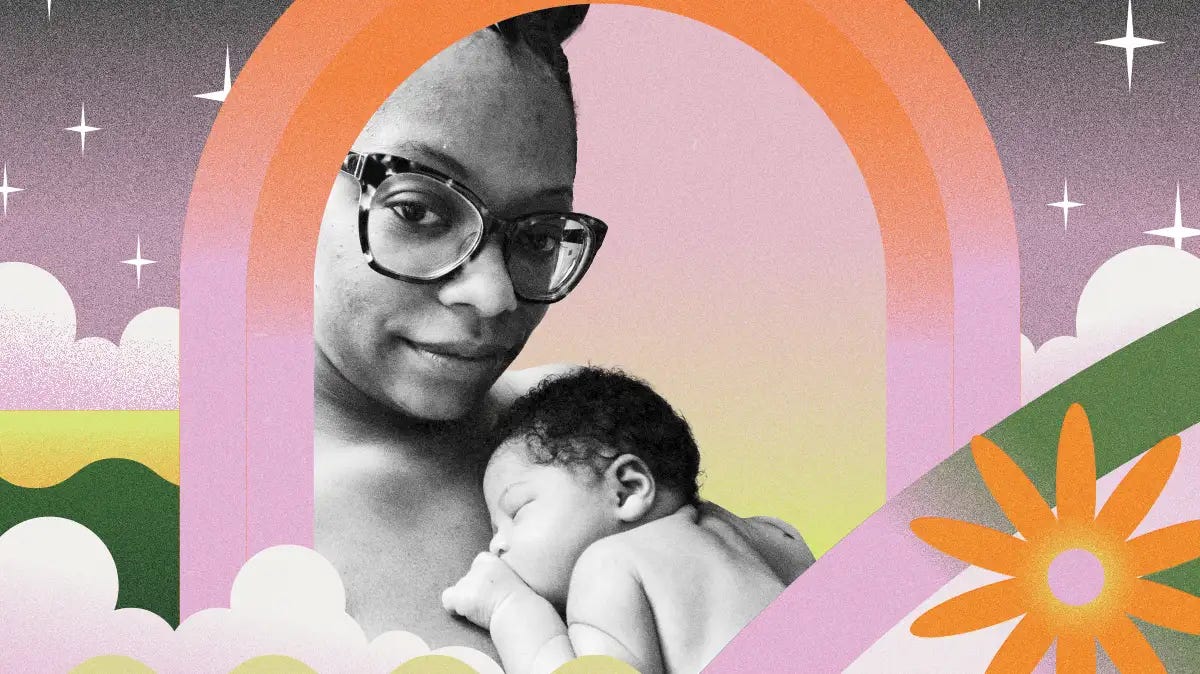 Graphic featuring a picture of a Black mom and her newborn baby