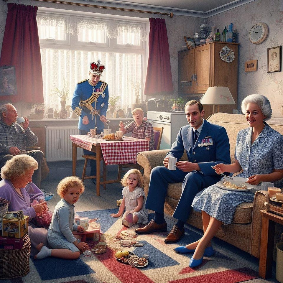 r/weirddalle - British royal family living in a council house realistic photograph of everyday life