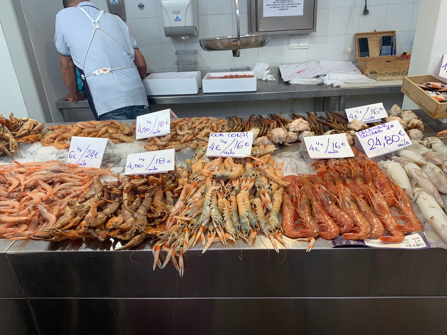 Abundant seafood to choose from at a local market in Estepona, Spain