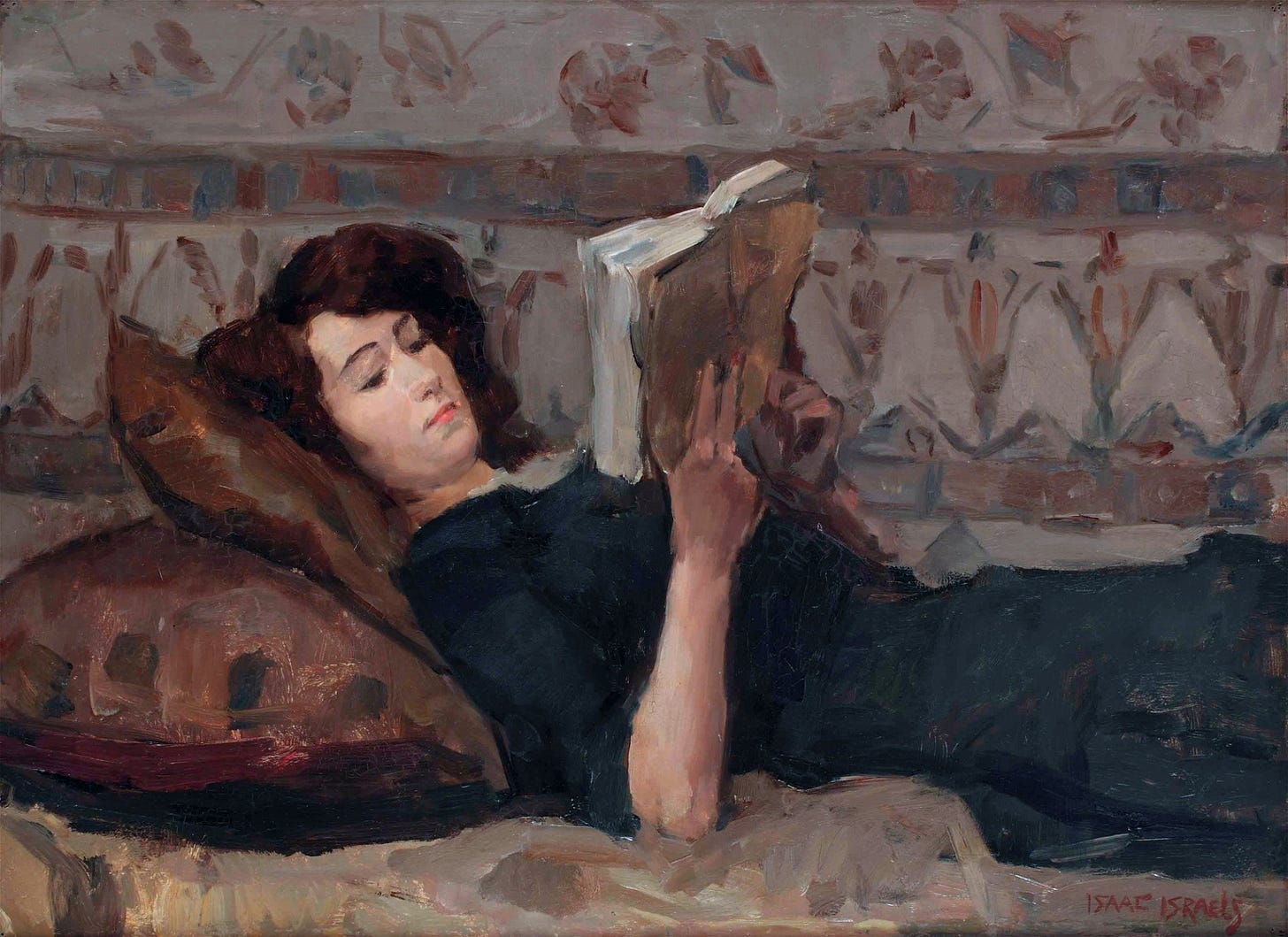 Painting of reclined woman reading on a couch by |  Isaac Israëls