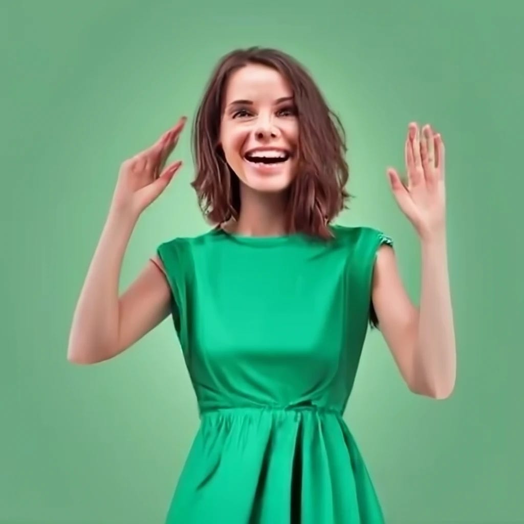 brown haired woman giving speech to audience wearing green dress and smiling