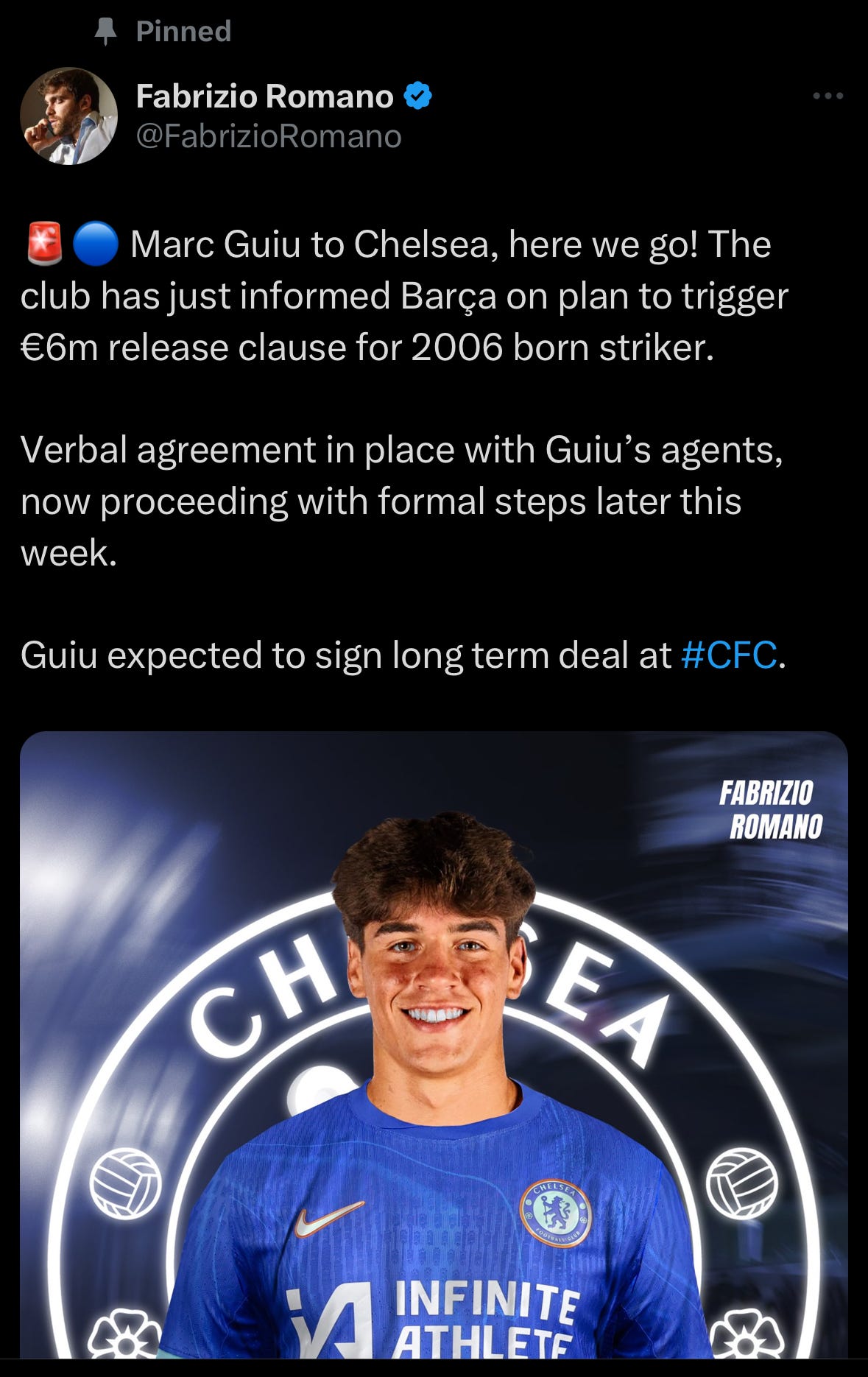 A tweet by Fabrizio Romano confirming Marc Guiu's move to Chelsea.