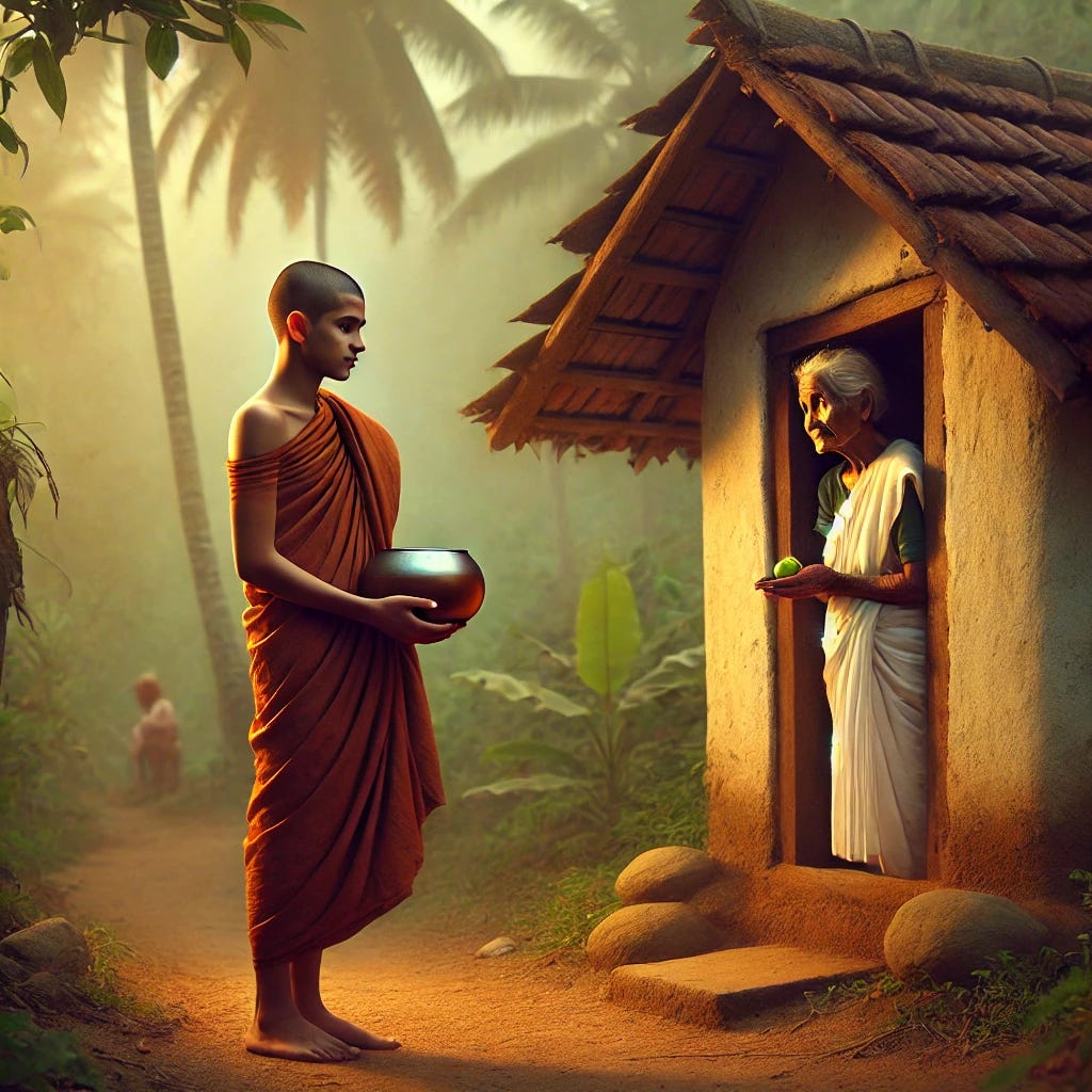 A serene scene depicting a young Indian monk in simple robes, standing patiently in front of a small, humble hut in an ancient village in Kerala. The monk, with a calm and peaceful expression, is holding a small bowl in his hands, waiting for alms. The door of the hut is slightly open, and an older woman, prematurely aged, is emerging from within. She holds a single gooseberry in her hand, offering it to the monk with a kind expression. The background shows the lush greenery typical of Kerala, with tall coconut trees and a soft, warm light filtering through the foliage, casting gentle shadows.