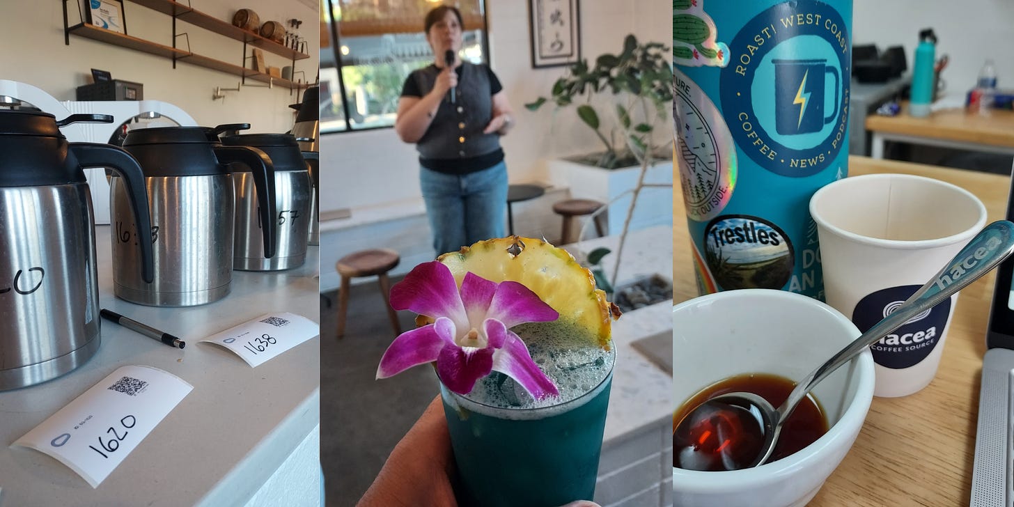 From Left: three silver pots of coffee with black lids and handles are lined up on a countertop. They are numbered to allow drinkers to identify and rank them. Center: A white woman makes announcements to a cafe with a microphone but the focus is close on a bright blue cocktail in a glass topped with a pink lily and slice of pineapple. Right: leftover coffee sits at the bottom of a coffee bowl. A cupping spoon is resting in the bowl with a water bottle and glass in the background.