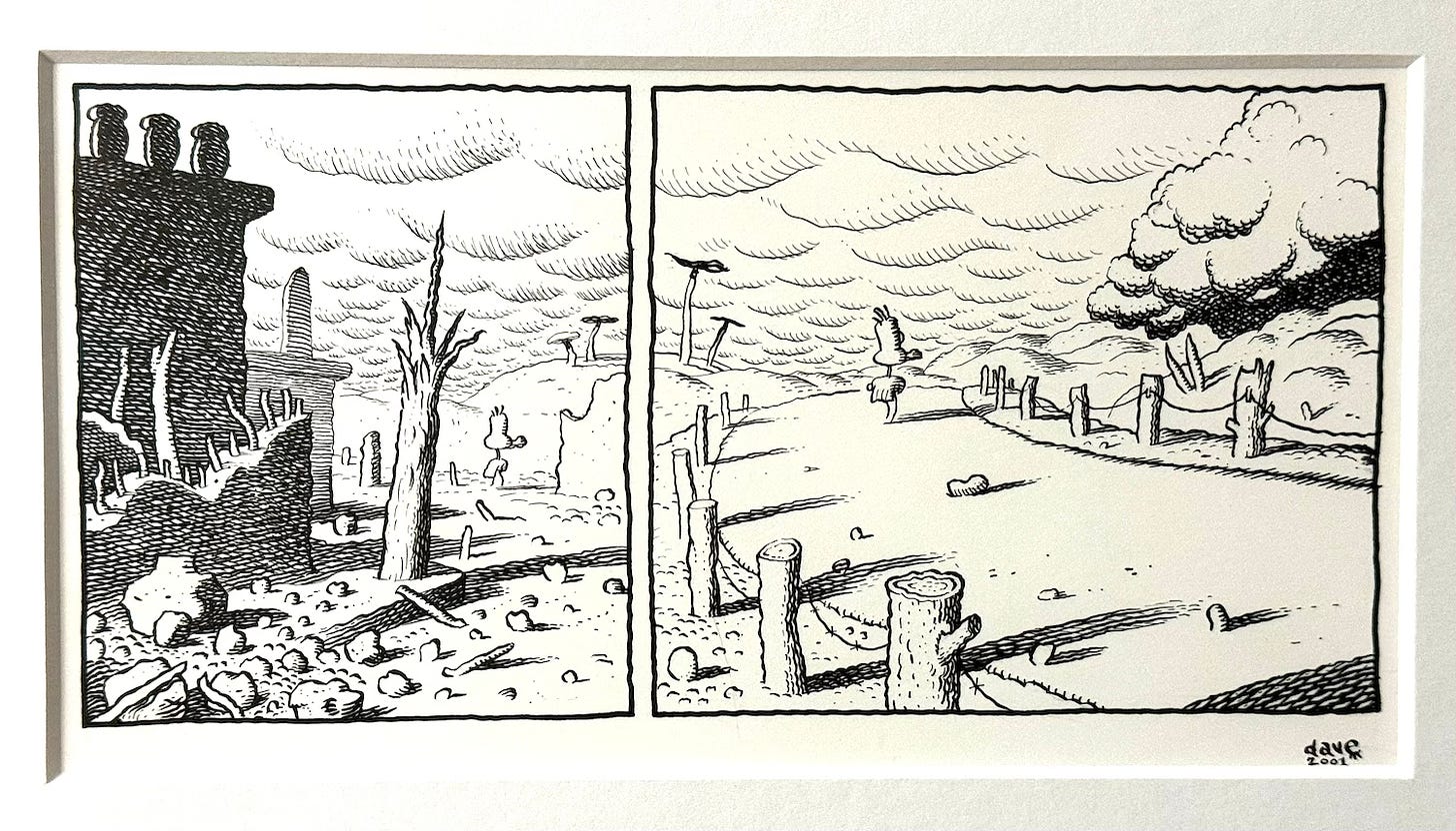 The original art for the last two panels of Dave Cooper's Dan and Larry, featuring Larry walking off down a road in a desolate somewhat apocalyptic landscape.