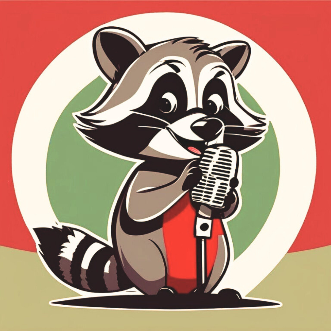 A raccoon standing behind a microphone and stand. It looks like the raccoon is singing into the mic. 