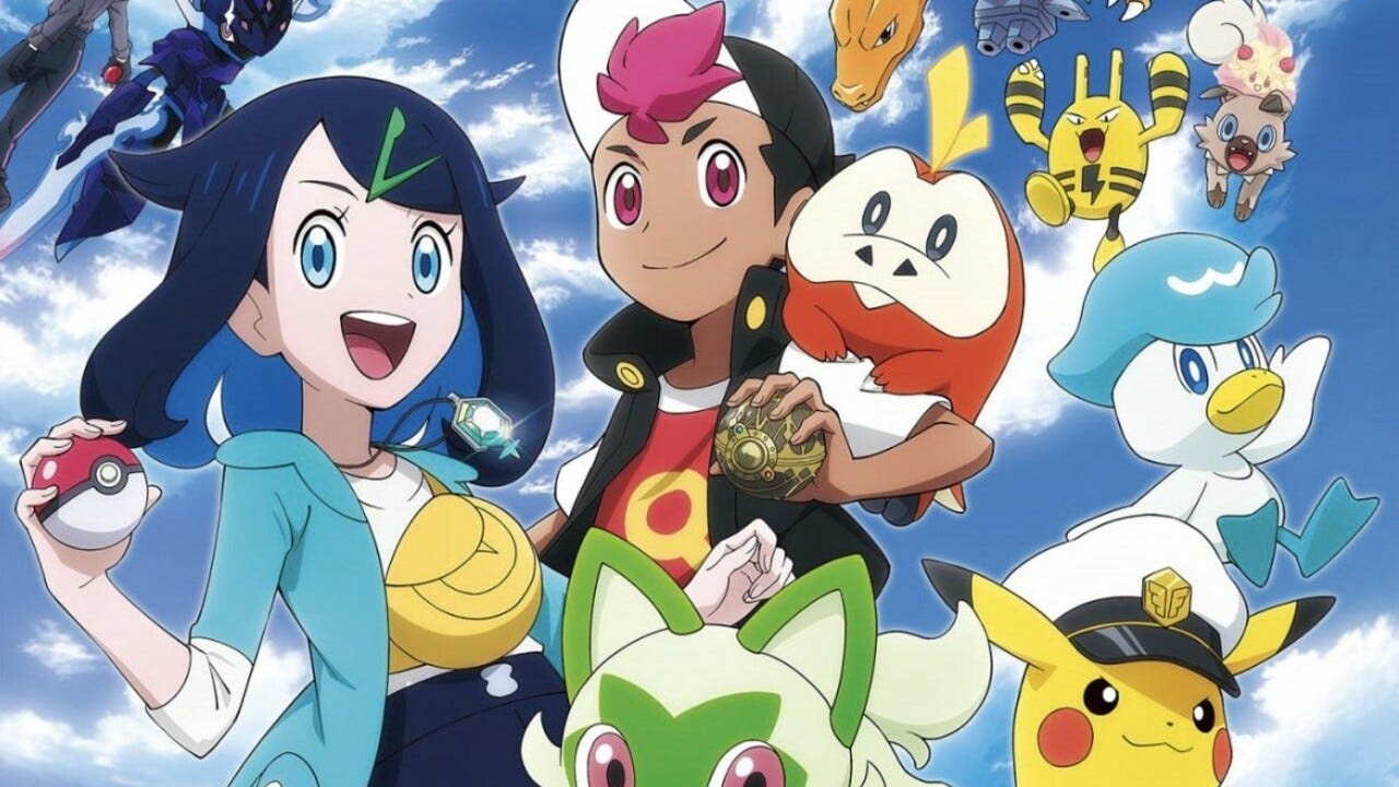 The main characters of Pokémon Horizons: Liko, Roy and a variety of Pokémon characters