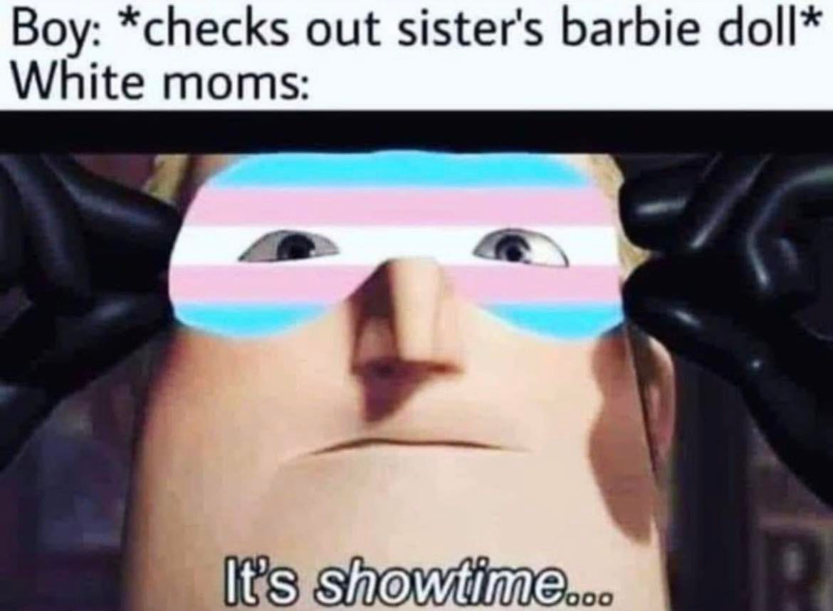 May be an image of 1 person and text that says 'Boy: *checks out sister's barbie doll* White moms: It's showtime...'