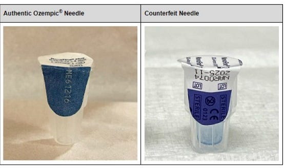 Example image of authentic and counterfeit Ozempic needles